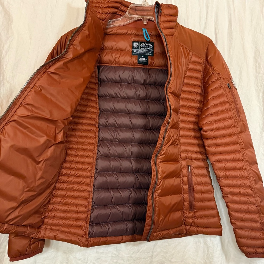 KUHL Spyfire Goose down Jacket cinnamon rust dark orange small puffer NWOT zip - Picture 10 of 15
